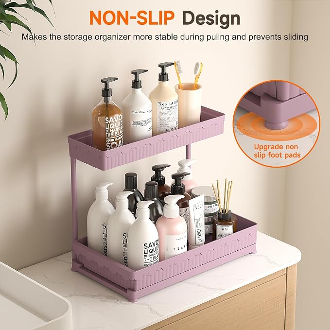3-Pack 2-Tier L-Shaped Under Sink Organizers with Sliding Drawers | Multi-use kitchen & bathroom storage, 12.85 inch pink cabinet organizer, space-saving sliding drawer design.