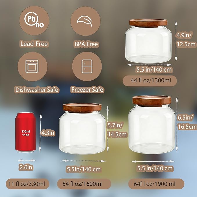 1PC Glass Storage Jars with Airtight Lids, 44 fl oz (1300ml) coffee container with Wooden Lid, Glass Pantry Canister for Beans, Rice, Sugar and etc
