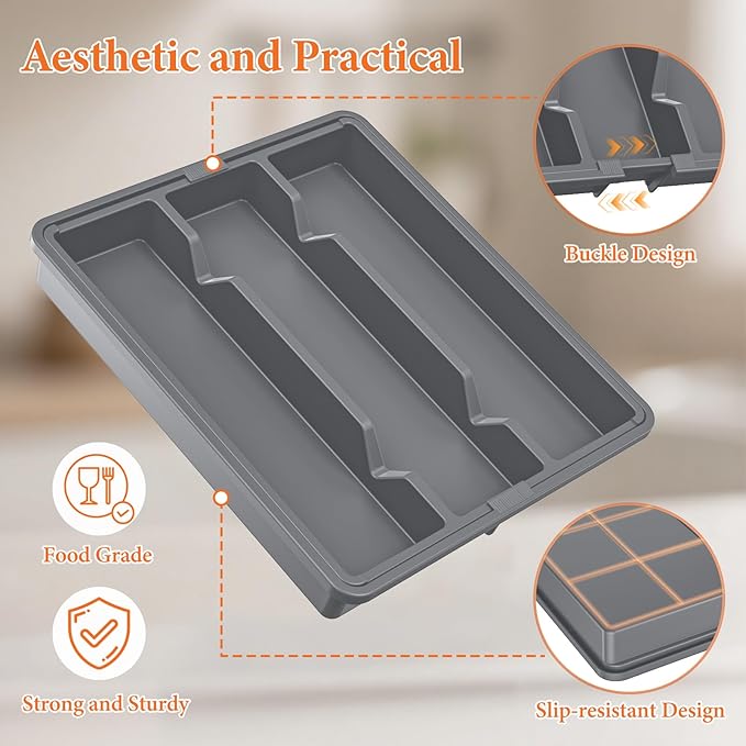 Large Expandable Silverware Drawer Organizer, Utensil Tray | Kitchen Drawer Organizer for Spoons/Forks/Knives, Multipurpose & BPA Free Cutlery Tray(1 Pack, Gray)