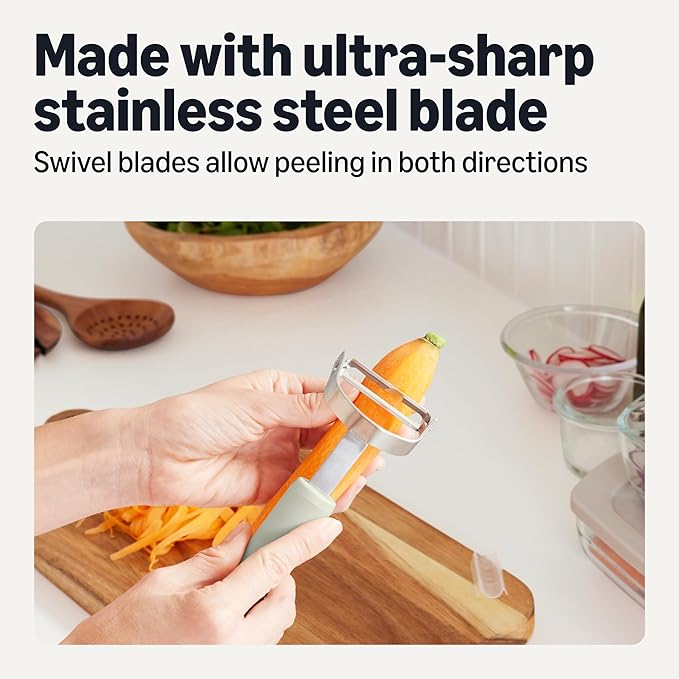 Amazon Basics Vegetable Peelers with Ultra-Sharp Stainless Steel Swivel Blades, Non-Slip Soft-Touch Handle, Protective Covers, 2-Piece Set, Dishwasher-Safe, Linen Gray