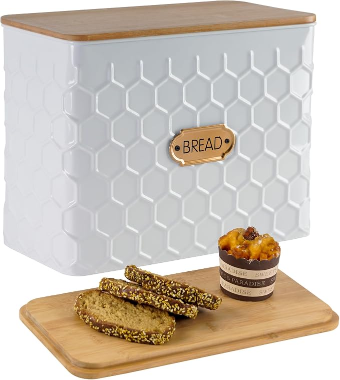 Extra Large Honeycomb Embossed Bread Box with Bamboo Lid | Corner Breadbox for Homemade Bread, White Metal Bread Storage Container Bin for Kitchen Countertop, Fits 2 Loaves of Bread