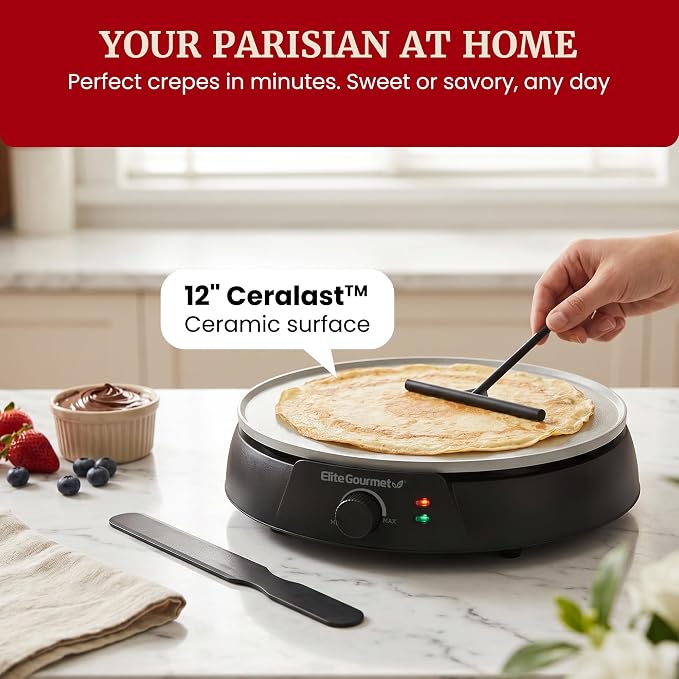 Elite Gourmet 12" Ceralast Ceramic Nonstick Crepe Maker & Griddle, Black | PFAS-free surface - adjustable temp control - dual indicator lights - batter spreader for crepes, pancakes & quesadillas