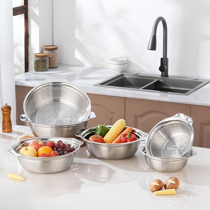 Stainless Steel Colander for Kitchen 2-Quart, Strainer Microporous with Mixing Bowl, Rice Strainer for Washing Vegetables, Fruit and Draining Cooked Pasta, Dishwasher Safe