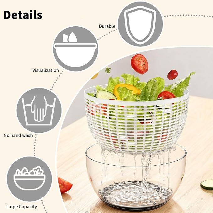 quick press salad spinner and vegetable washer tool for lettuce spinner capacity Fruit Washing Bowl with fruit washing bowl with strainer dehydrator kitchen appliances (Large - 6.34 qt)