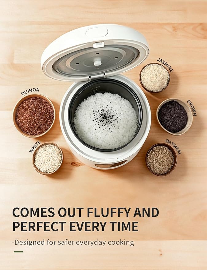 Small Rice Cooker, 3-Cups Uncooked/ 6-Cups Cooked, White | Multifunctional 6 Intelligent Cooking Modes for White Rice, Quinoa, Oatmeal, 1.6L Capacity