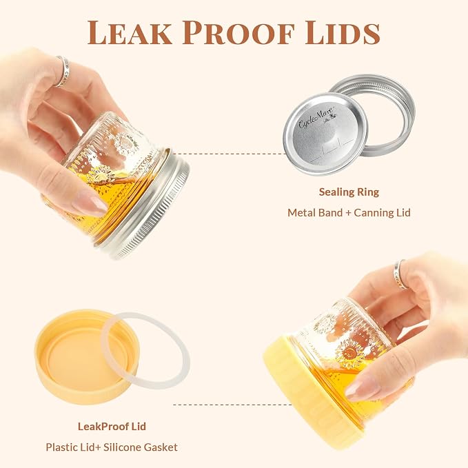 CycleMore 4oz Sunflower Glass Jars 24-Pack with 2 Types of Lids for Events | Small Mason Jars With Airtight 24 Metal Split + 24 Colorful Plastic Lids. BPA-Free. For Honey, Spices, Bulk DIY