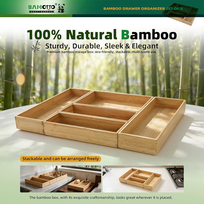 BAMOTTO CRAFTBAMBOO Stackable Bamboo Drawer Organizer Set of 5 for Kitchen | Utensil Cutlery Tray | Flatware & Silverware Organizer | Office & Bathroom | 13.4"×4.5"(×2) / 10.2"×3.3"(×2) / 10.2"×6.7"