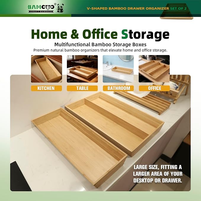 BAMOTTO CRAFTBAMBOO Long V-Shaped Bamboo Drawer Organizer Set of 2 | Silverware & Cutlery Tray | Flatware & Utensil | Kitchen & Bathroom | Narrow Fit | 19.6"×12.4" & 19.6"×7.8"