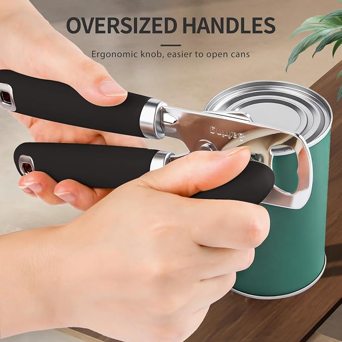 Safring Can Opener Manual, Heavy Duty Stainless Steel Smooth Edge Can Openers With Soft Touch Handle, Oversized Handheld Easy Turn Knob, Multi-Function Bottle Opener, Black
