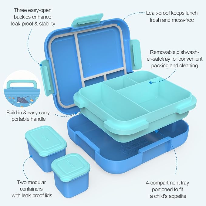 Caperci Bento Box for Kids Age 4-8 - Leak-Proof Toddler Lunch Box Container with 2 Modular Containers & 4 Compartments, Hold 4.8 Cups, Portable Handle, BPA-Free, Microwave/Dishwasher Safe (Sea Life)