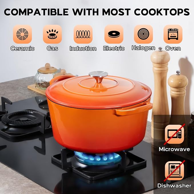 Onader 3QT Cast Iron Dutch Oven Pot with Lid, Round Dutch Oven for Sourdough Bread Baking, Small Enameled Heavy Duty Cookware - Orange