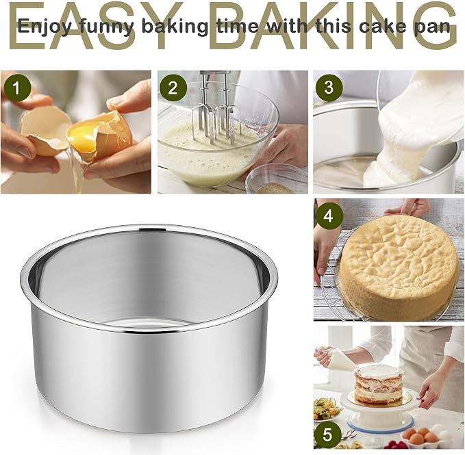 P&P CHEF 6 Inch Cake Pans Set, 1Pc Stainless Steel Round Baking Pan | Round Layer Cake Tins for Birthday Wedding, Non Toxic & Heavy Duty, 3 Inch Deep Side & Mirror Finish, Oven & Dishwasher Safe