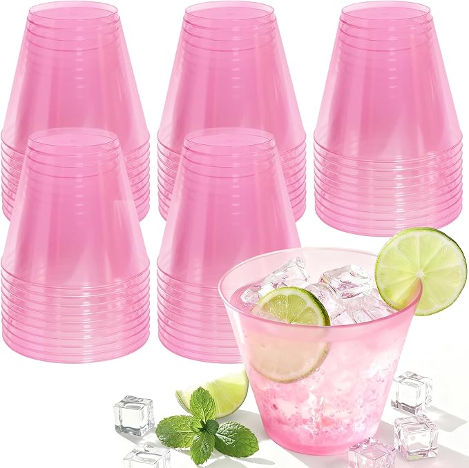 Glowserve 9 OZ Pink Disposable Plastic Cups Cocktail Cup 150 Pack | Fancy Cocktail Cup,Stemless Wine Glass,Wedding Wine Glasses,Graduation Birthday,World Cup,Party Essentials