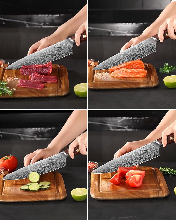 8" High Carbon Stainless Steel Kitchen Chef Knife, Redwood Handle, Textured Anti-Stick Blade, Rustproof & Dishwasher Safe, Effortless Chopping, Premium Gift Box