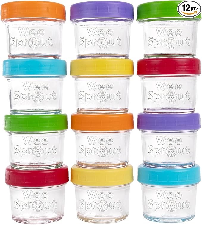 WeeSprout Glass Baby Food Storage Jars w/Lids (4 oz, 12 Pack Set) Snack, Puree, Reusable Small Containers, Breast Milk, Fridge or Freezer, Microwave & Dishwasher Safe, Essential Must Have for Infants