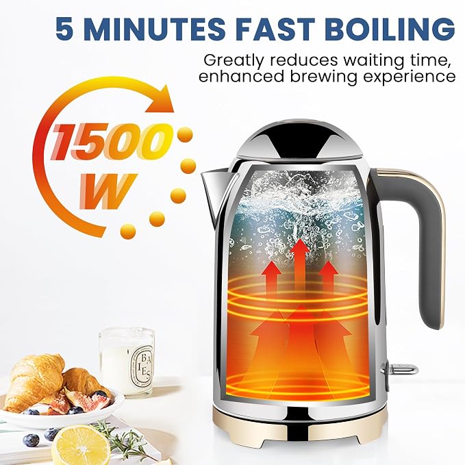 SUSTEAS 57oz Electric Kettle with Thermometer, Hot Water Pot, Glossy Silver | Electric Tea Kettle for Boiling Water, 1500W Stainless Steel Pot, Cordless LED Indicator, Auto Shut-Off & Boil Dry Protection