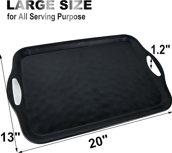 ECOIOU 20x13 inch Extra Large Serving Tray with Handles, Set of 2, Black | Melamine Platters for Serving Food, Turkey, Cookie, Rectangular Trays for Eating, Raised Dots Matt Finished, Dishwasher Safe