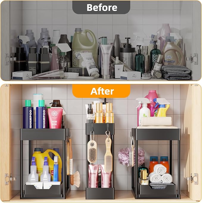 Simple Trending Under Sink Organizer 3 Pack, with Sliding Drawer, Black | 2 Tier Multi-Purpose Pull-Out Cabinet Organizer, Slide Out Storage Shelf for Kitchen Bathroom, Large Capacity, Easy Assembly