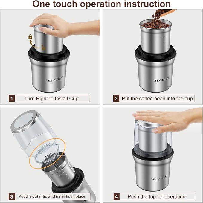 Secura Electric Coffee Grinder and Spice Grinder with 2 Stainless Steel Blades Removable Bowl | 2 Stainless Steel Blades Removable Bowls, For Spice, Coffee Bean, Dry and Wet Ingredients Grinding