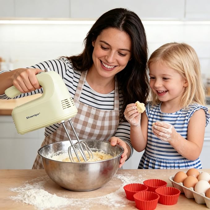 Electric Hand Mixer, 300W Handheld Mixer with 5 Stainless Steel Accessories, 5 Adjustable Speeds + Turbo Boost & Self-Control, One-Button Eject, Food Beater for Cakes, Eggs, Dough (Beige)
