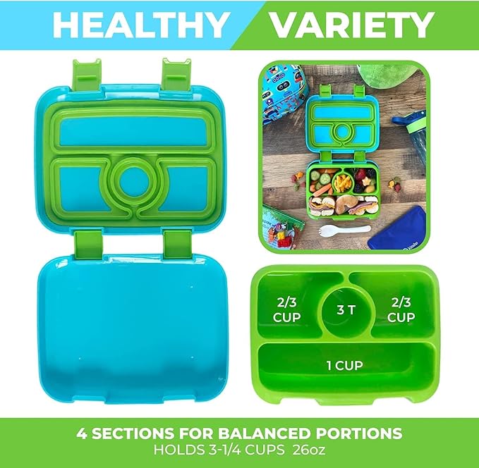 kinsho kids Bento Lunch Box Set with Thermo, Bag & Ice Pack, Green Robot | 4 Compartments, Removable Tray, Small Meal Snack Container for Boys Toddlers, Daycare & Pre-School, Steel Food Jar