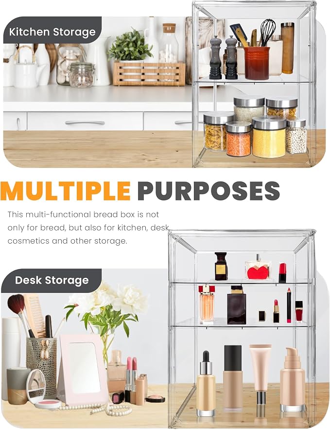 Bread Box,Large Bread Boxs for Kitchen Countertop - 4 Layers Adjustable Bread Storage Container,Clear Boxes for Kitchen Counter, Breads Box Airtight,Bread Holder,Perfect for Bagel Muffins（transparent）