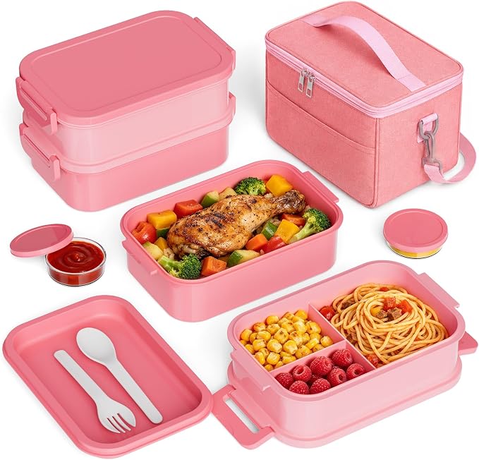 Bento Box Adult Lunch Box - 2130ml Lunch Box for Women with Insulated Lunch Bag, Utensils & Sauce Container, Leak Proof Bento Box for Girls, Reusable Plastic Lunch Container for Work, Meal Prep, Pink