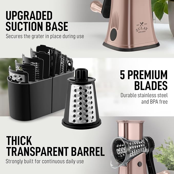Zulay Kitchen Rotary Cheese Grater 5 Blade Cheese Shredder - Manual Hand Crank Cheese Grater With Reinforced Suction & 5 Interchangeable Drums - Easy to Use, Vegetable Chopper Round Mandoline Slicer