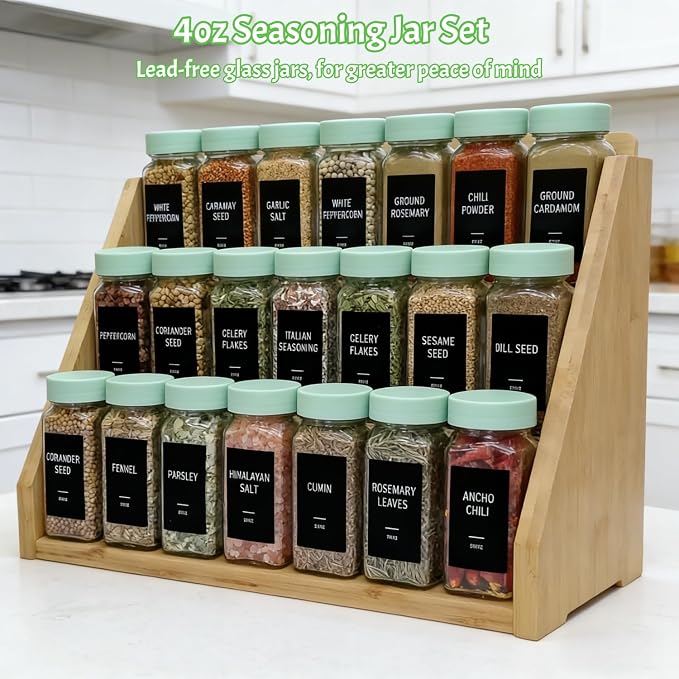 Spice Jars with Labels - 24 Glass Spice with Shaker Lids & Airtight Plastic Caps - 4oz Complete Seasoning Containers Organizer Set for Cabinet, Drawer & Rack (Light Green)