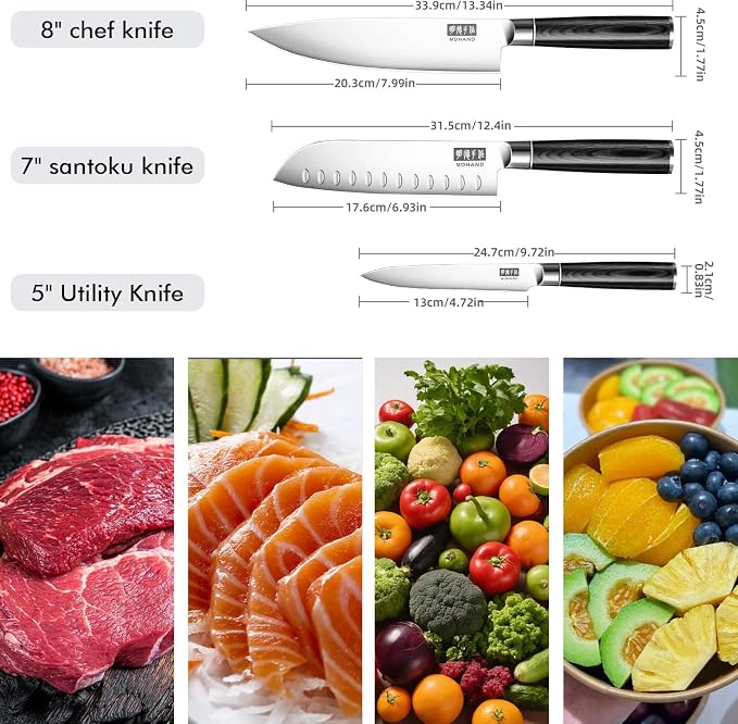 Kitchen Knife Set 3 Pieces, Ultra Sharp Japanese Knife Set Gift Box | High Carbon Stainless Steel Chef Knife Set with Pakkawood Handle, Knives Set for Kitchen & Home Cooking, Dishwasher Safe
