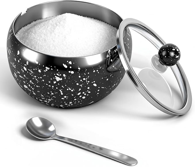 holoith Sugar Container with Glass Lid and Spoon, 16oz Snowflake pattern Stainless Steel Sugar Bowl for Coffee Bar Station Accessories Kitchen Storage for Salt, Candy, Coffee Bean (Black) | 16oz Snowflake pattern Stainless Steel Sugar Bowl for Coffee B...