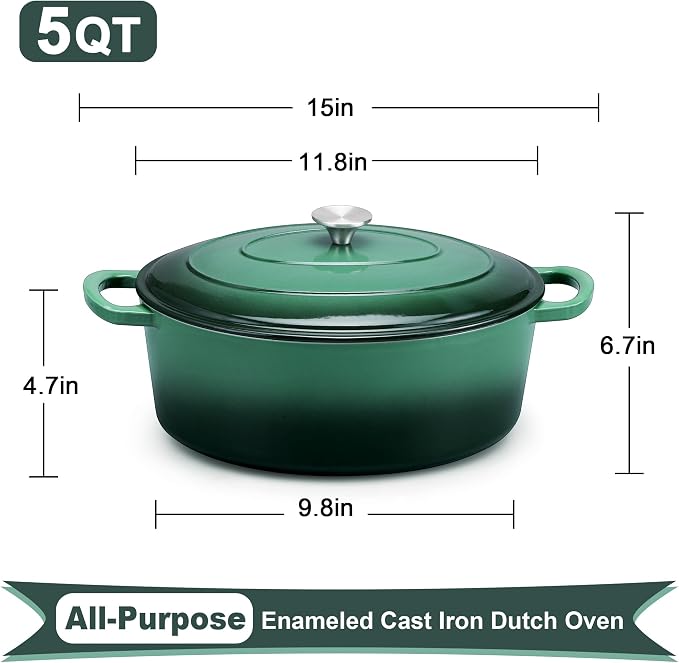 E-far 5QT Oval Dutch Oven Pot with Lid, Enameled Cast Iron Dutch Oven | with Dual Handles for Homemade Sourdough Bread Baking, Nonstick Enamel Coated Cookware, Non-Toxic & Easy Clean, Dark Green