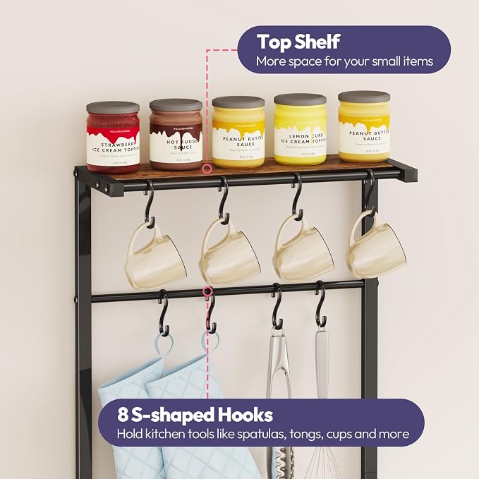 SWTYMIKI Bakers Rack with Storage - Coffee Bar Cabinet with Shelves, Coffee Station Organizer and Kitchen Stand with 8 Hooks, Baskets, Adjustable Feet for Kitchen Dining Room Pantry, Espresso