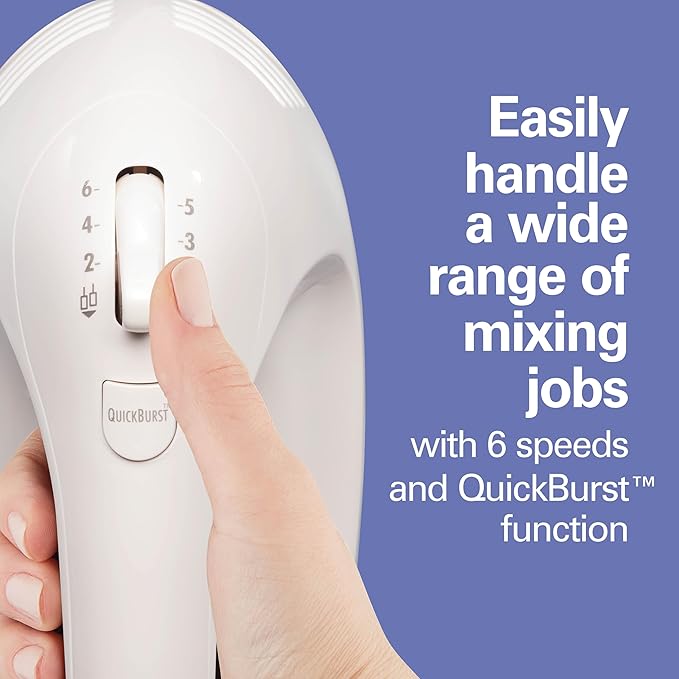Hamilton Beach 6-Speed Electric Hand Mixer With Easy Clean Beaters | Traditional Beaters | Dough Hooks | Whisk | Snap-On Storage Case | 275 Watt Motor | White | 62636J
