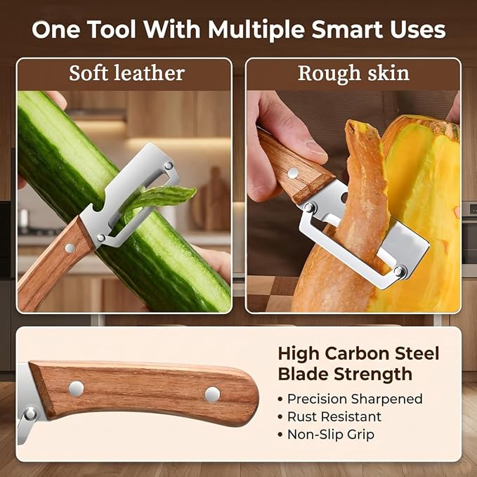 2-Pack Vegetable Peeler with Wooden Handle and Bottle Opener, Multi-Function Kitchen Vegetable Peeler for Potato, Carrot, Fruit, Pumpkin and Veggie Peeling