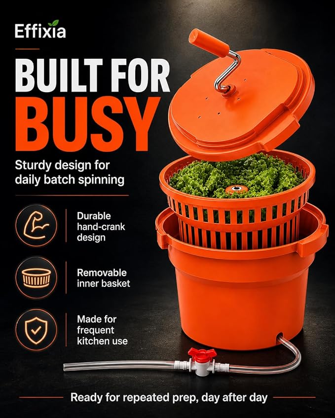 Commercial Salad Spinner - 6.5 Gallon Large Capacity Lettuce Dryer | 10 Ft Drain Hose & Stop Valve, 25Qt Manual Vegetable Spinner for Restaurants, Catering and Meal Prep