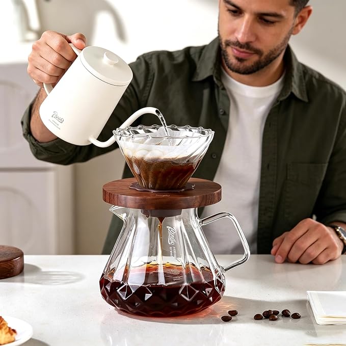 Bincoo Pour Over Coffee Maker&Dripper, Style Cone Filter + 600ml Glass Coffee Server, Manual Coffee Brewer Set, Reusable Coffee Filter Holder, Great Gift for Coffee Enthusiasts