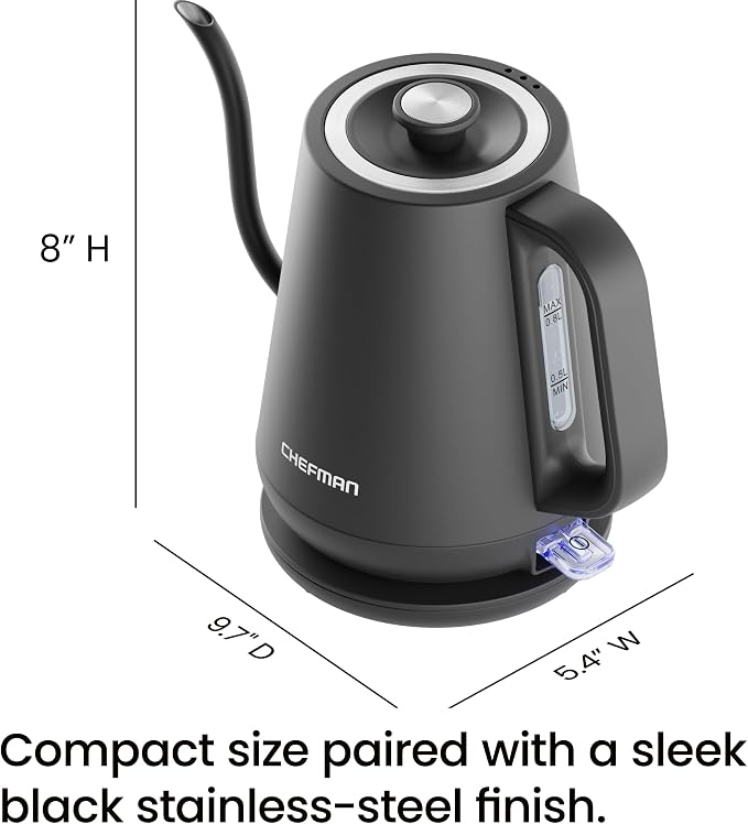 Chefman Gooseneck Electric Kettle, 0.8L Pour Over Tea Kettle for Coffee and Tea, One-Touch Operation, Boil-Dry Protection, Auto Shut-Off, Ultra-Fast Hot Water Boiler – Black