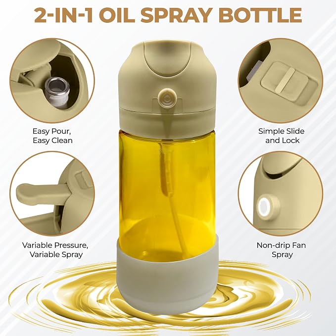 MBO 2-in-1 Olive Oil Spray Bottle for Cooking – 16oz / 470ml Glass Dispenser with Silicone-Encased Base, Mist & Pour Spout – Refillable Kitchen Gadget for Air Fryer, Salad, BBQ