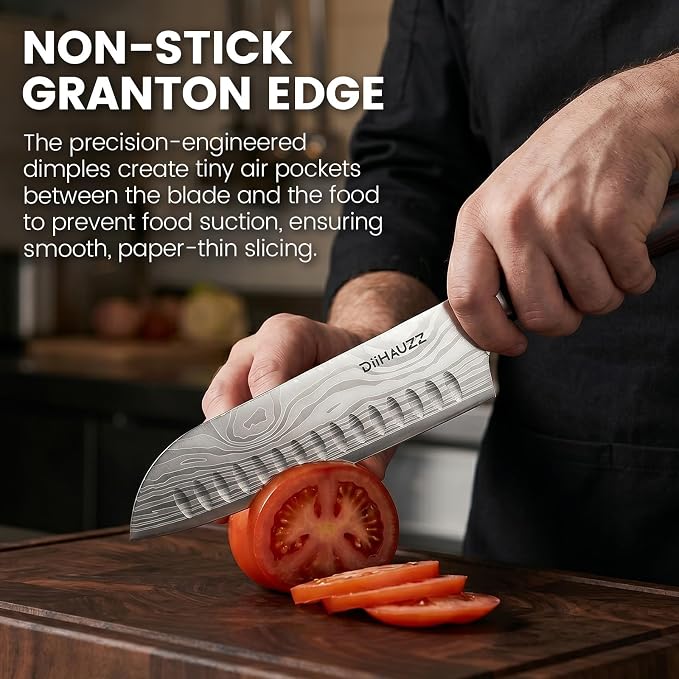 DiiHAUZZ 7" Santoku Knife, Japanese Chef Knife with Non-Stick Granton Edge | High Carbon Stainless Steel, Razor Sharp Edge, Ergonomic Handle, No Crack or Shrink Pakkawood, 59HRC, Sheath & Gift Box