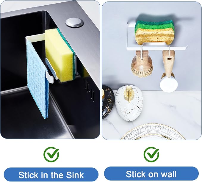 Sponge and Dish Cloth Holder for Kitchen Sink, 2 in 1 Adhesive Sink Dish Sponge Holder, Sinks Caddy Organizer Rack for Storage Sponges Scrubber Glove and Brush, White