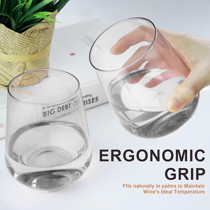 Stemless Wine Glasses Set of 6, 15oz Clear Drinking Glassware Dishwasher Safe, Wine Glass Tumblers for Red or White, Gift for Party, Holiday, Anniversary, Restaurant, Home Bar, Daily Use