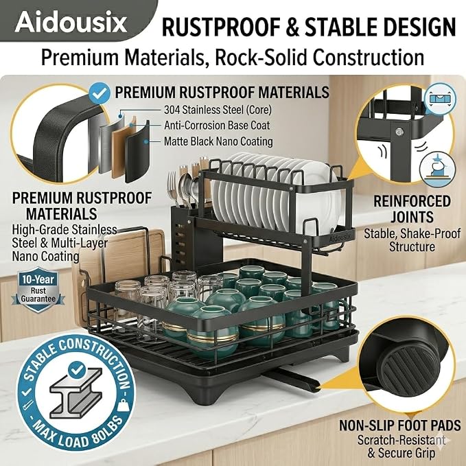 2-Tier Dish Drying Rack for Kitchen Counter, Large Capacity Dish Drainer with Swivel Spout, Rust-Proof Carbon Steel Utensil Holder and Cutting Board Rack, Easy No-Tool Assembly