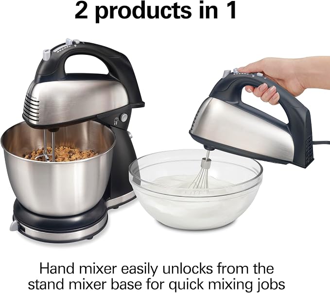 Hamilton Beach Classic Stand and Hand Mixer, 4 Quarts, 6 Speeds with QuickBurst, Bowl Rest, 290 Watts Peak Power, Black and Stainless | 2-in-1 Versatility | QuickBurst For Added Power | 290 Watts Peak Power | Built-In Bowl Rest | Black and Stainless Steel