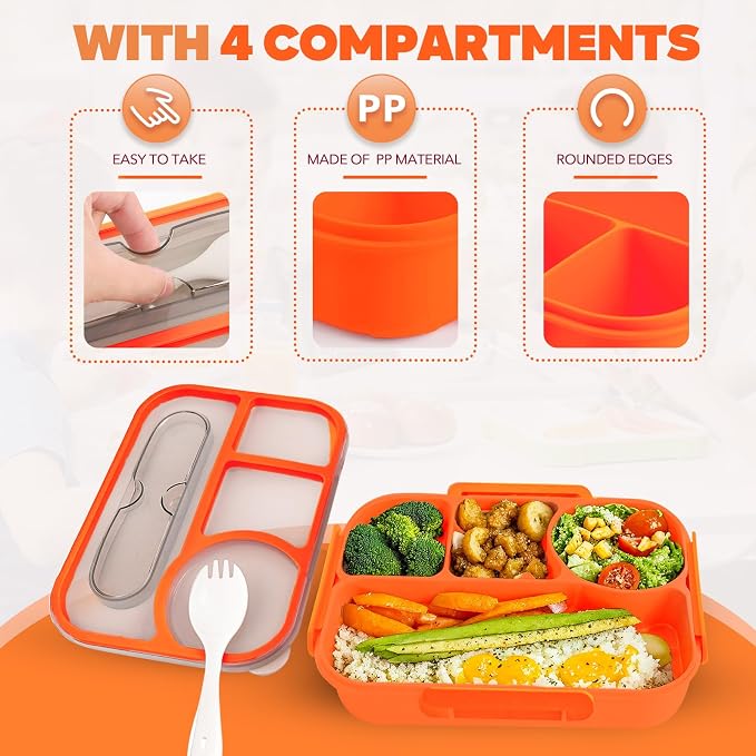 EASYFUN Bento Box Adult, Lunch Box, 4-Compartment Lunch Containers, Drop-Proof, Dishwasher Safe & Made with BPA-Free Materials (Orange)