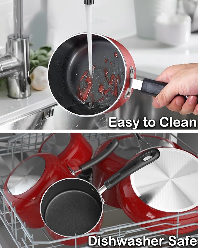 Cook N Home Basic 2 Quart Nonstick Saucepan with Glass Lid, Small Non Stick Aluminum Sauce Pan, Multi-Purpose Milk Chocolate Cooking Pot with Stay-Cool Handle, Marble Red | Small Non Stick Aluminum Sauce Pan, Multi-Purpose Milk Chocolate Cooking Pot wi...