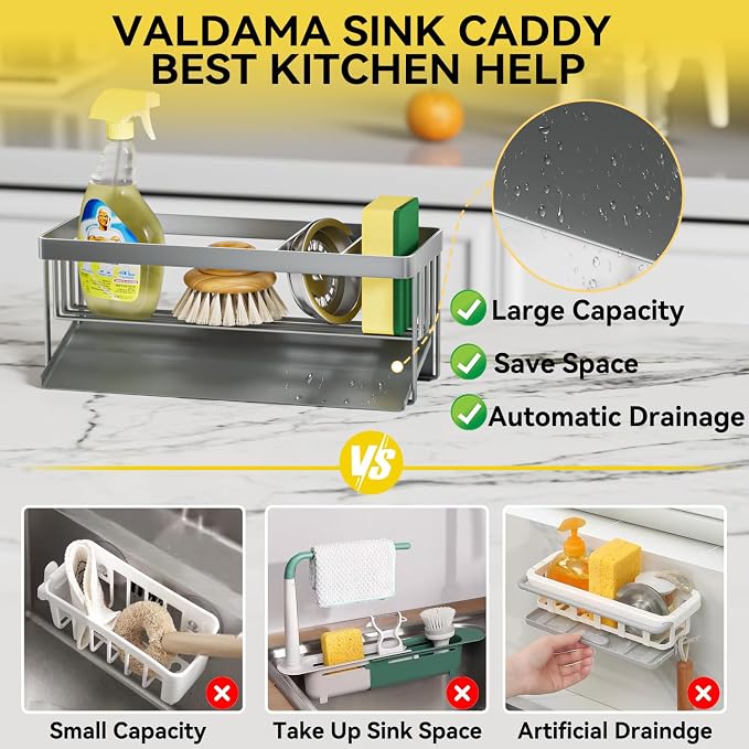 Kitchen Sink Caddy Organizer for Kitchen Countertop Organizers Silver | 304 Stainless Steel, Removable Drip Tray, Home Decor Accessories