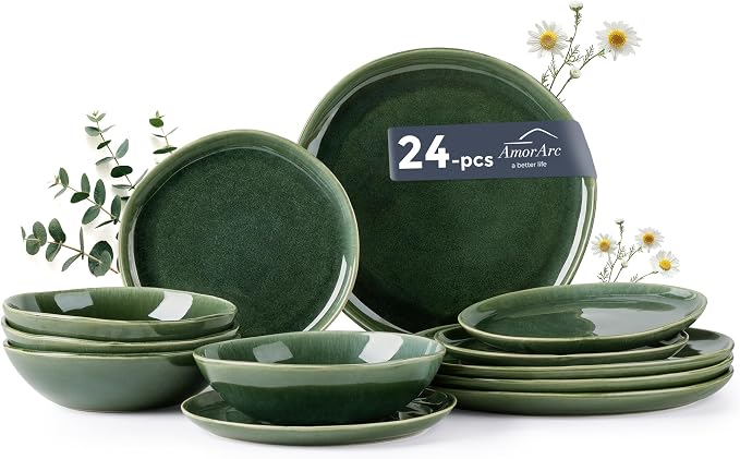 AmorArc Ceramic Dinnerware Sets for 8, 24Pcs Plates and Bowls Sets Dishes | Stoneware Handmade Reactive Glaze Dinner Set, Highly Scratch Resistant | Dishwasher & Microwave Safe Dishware