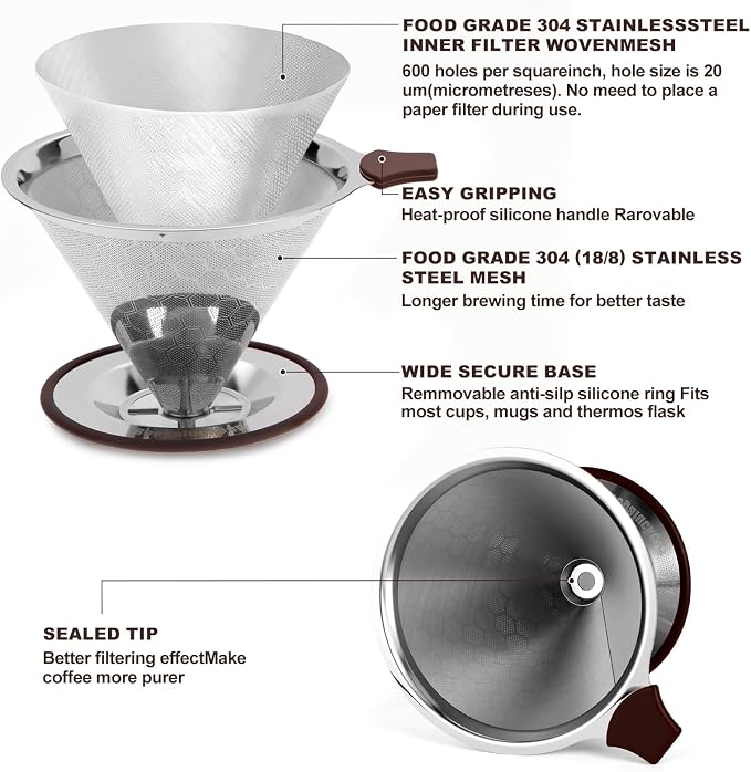 Pour Over Coffee Dripper, Roogaluckeep Stainless Steel Reusable Filter | 600 mesh metal strainer, paperless design, 1-4 cup brewing, no paper filters needed, easy to clean, compact for daily use