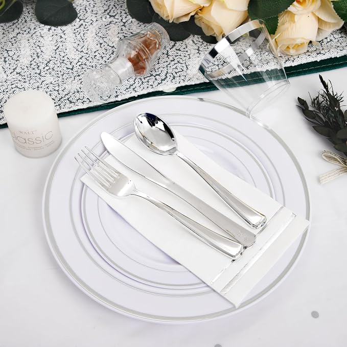 GATHER 176PCS Silver Plastic Plates for Wedding and Party | White and Silver Disposable Plates include 50 Plates, 75 Silverware, 25 Napkins, 25 Cups, 1 Tablecloth